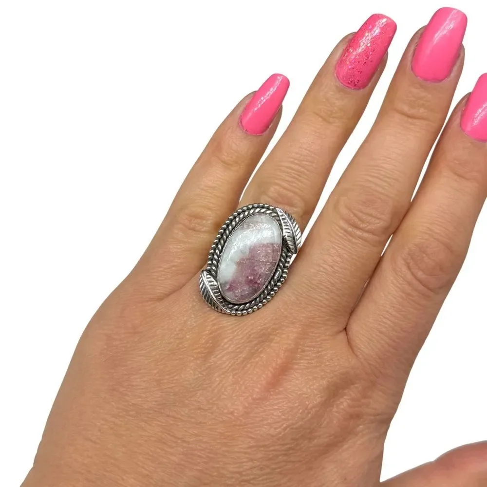 Cinnabar Ring Size 7 Solid 925 Sterling Silver Etched Leaves Oval